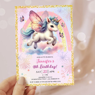 Invitación Purpurina de oro chica Unicornio Rosa Fiesta de cu