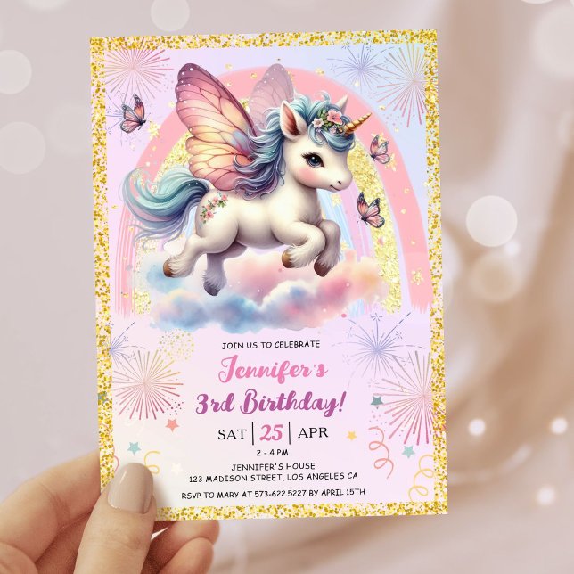 Invitación Purpurina de oro chica Unicornio Rosa Fiesta de te (#UnicornBirthdayInvitation #UnicornBirthdayInvitationTemplate #RainbowUnicornBirthdayInvitation)