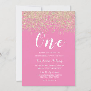 Invitación Purpurina de oro Chicas rosados Primer Fiesta de c