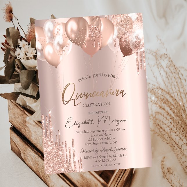 Invitación Purpurina de oro ChicRose perfora globos Quinceañe (Subido por el creador)