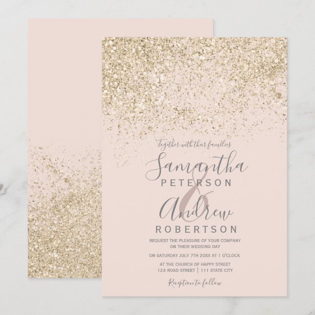Invitación purpurina de oro claro boda de moda elegante rosa (Anverso / Reverso)