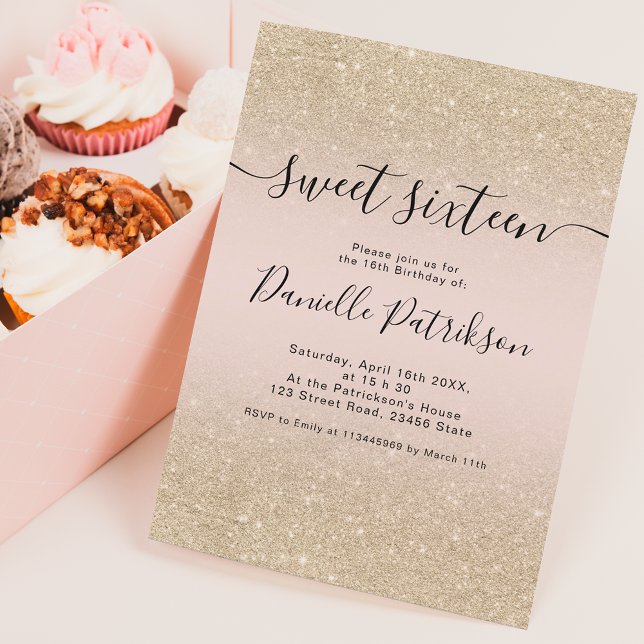 Invitación purpurina de oro claro destellos rosa oscuro dulce (Subido por el creador)