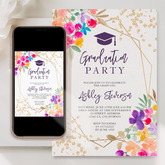 Invitación Purpurina de oro con foto de flores silvestres (Subido por el creador)