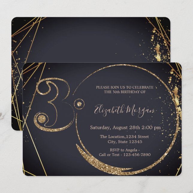 Invitación Purpurina de oro Confetti 30 cumpleaños (Anverso / Reverso)