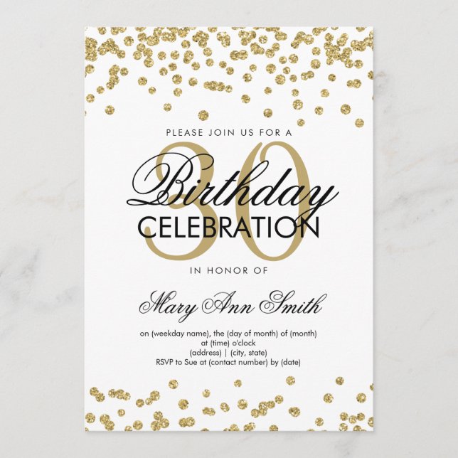 Invitación Purpurina de oro Confetti 30 cumpleaños White (Anverso)