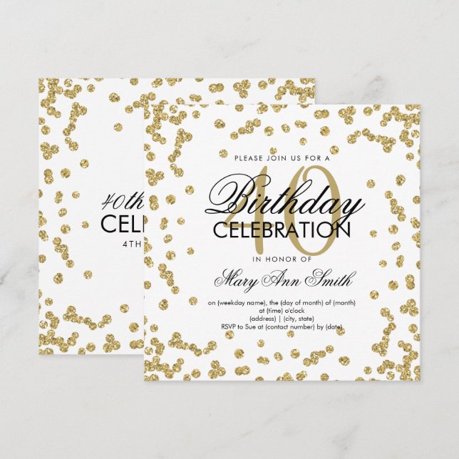 Invitación Purpurina de oro Confetti 40 cumpleaños White (Anverso / Reverso)