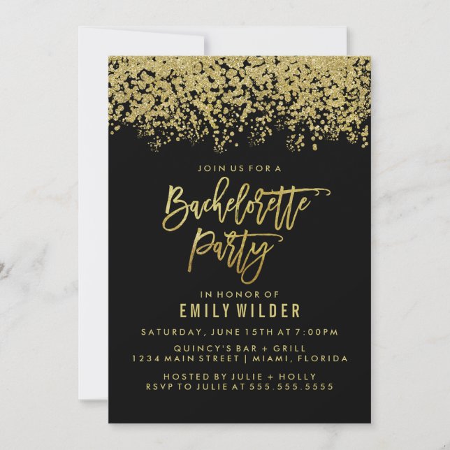 Invitación Purpurina de oro Confetti Bachelorette Party (Anverso)