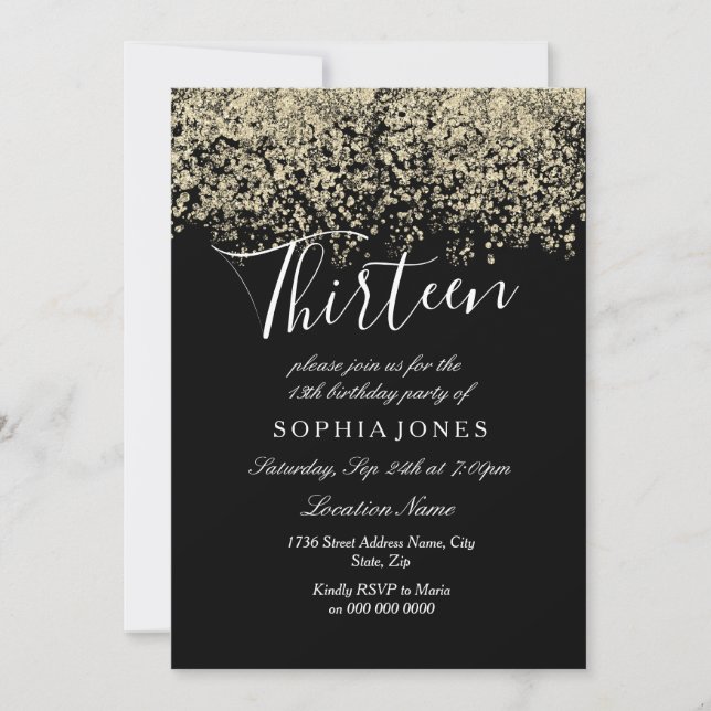 Invitación Purpurina de oro Confetti Black 13 cumpleaños fies (Anverso)