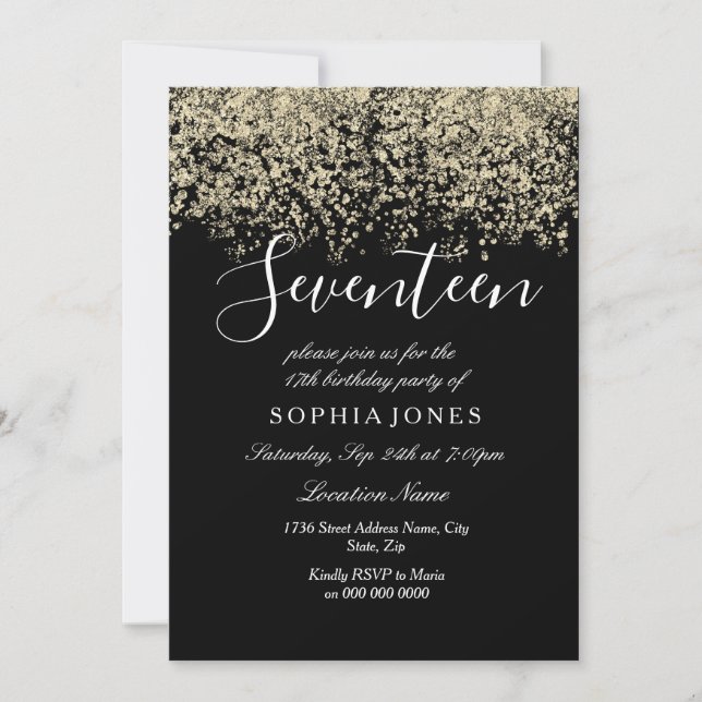 Invitación Purpurina de oro Confetti Black 17 cumpleaños fies (Anverso)