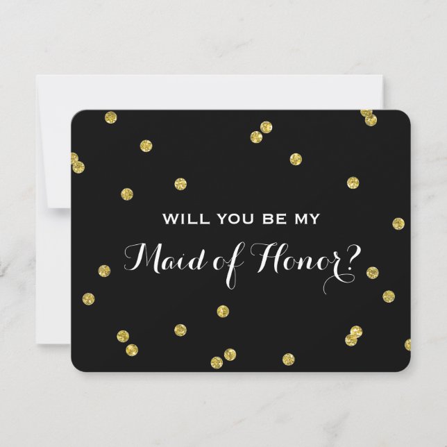 Invitación Purpurina de oro Confetti Black | Maid of Honor (Anverso)