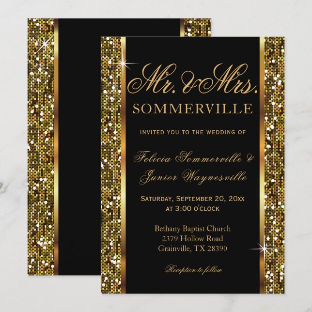 Invitación Purpurina de oro Confetti Boda (Anverso / Reverso)