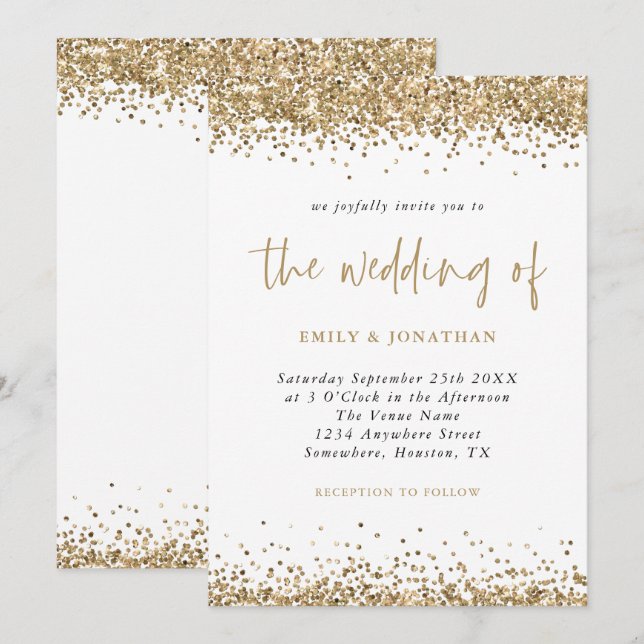 Invitación Purpurina de oro Confetti Borders Script Boda (Anverso / Reverso)