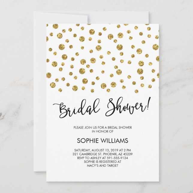Invitación Purpurina de oro Confetti Bridal Shower (Anverso)