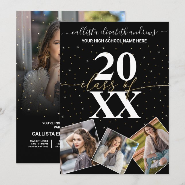 Invitación Purpurina de oro Confetti Clase de Graduación Foto (Anverso / Reverso)