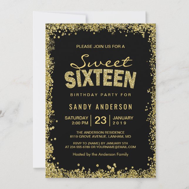 Invitación Purpurina de oro Confetti | Dulce 16 Dieciséis cum (Anverso)