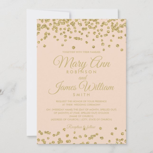 Invitación Purpurina de oro Confetti Elegant Wedding Rosa Rub (Anverso)