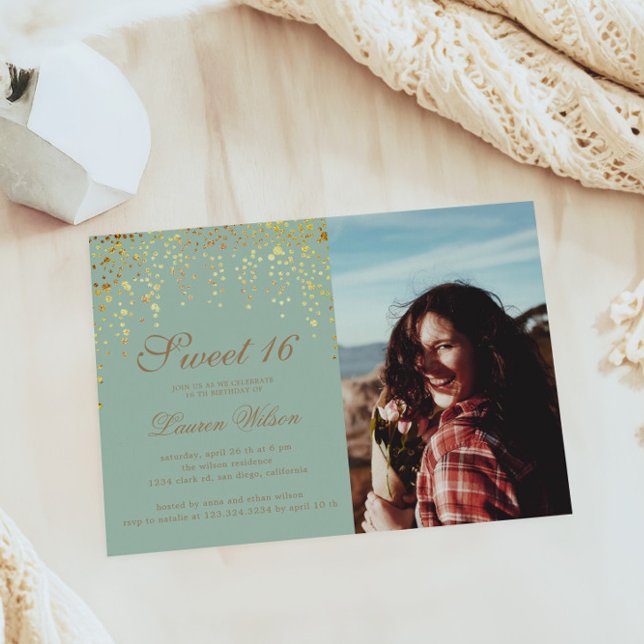 Invitación Purpurina De Oro Confetti En Dulce Verde Dieciséis (Subido por el creador)