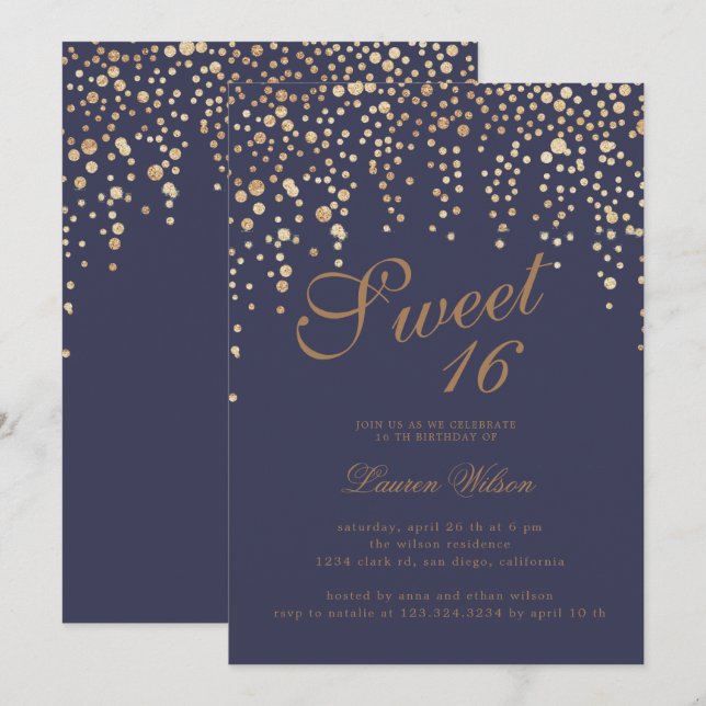 Invitación purpurina de oro confetti en lavender dulce diecis (Anverso / Reverso)