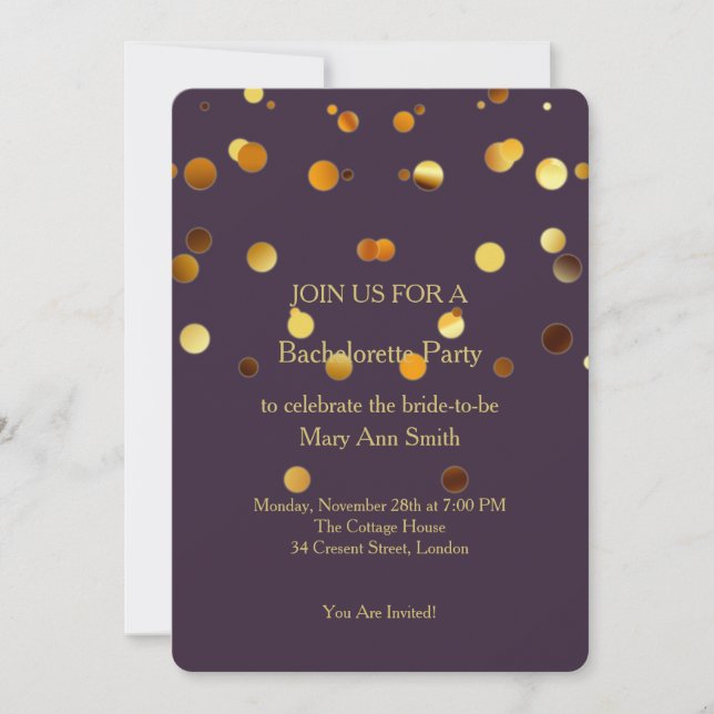Invitación Purpurina de oro Confetti esparce Bachelorette Roj (Anverso)