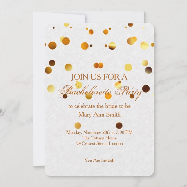 Invitación Purpurina de oro Confetti esparce soltera blanca (Anverso)
