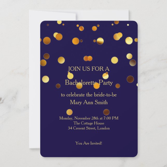 Invitación Purpurina de oro Confetti Esparkles Bachelorette A (Anverso)