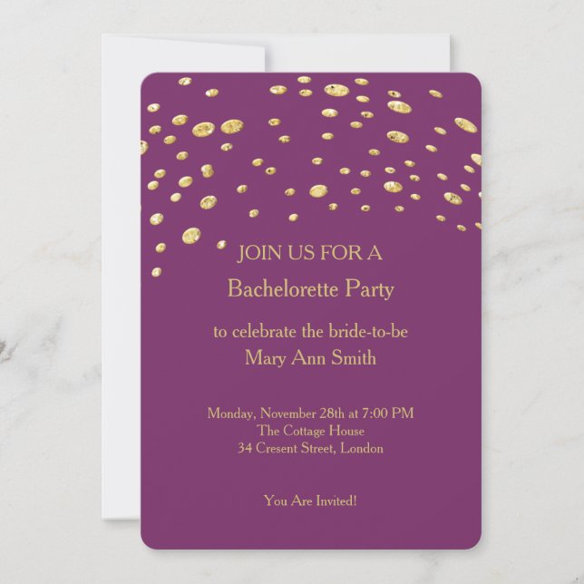 Invitación Purpurina de oro Confetti esparkles Bachelorette m (Anverso)
