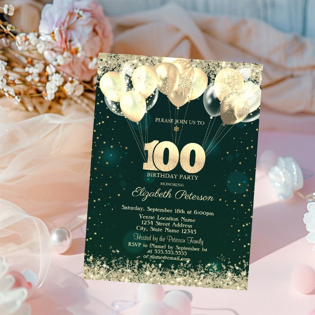 Invitación Purpurina de oro Confetti Globos Green 100t Cumple (Subido por el creador)