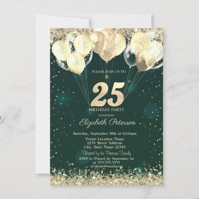 Invitación Purpurina de oro Confetti Globos Green 25 cumpleañ (Anverso)