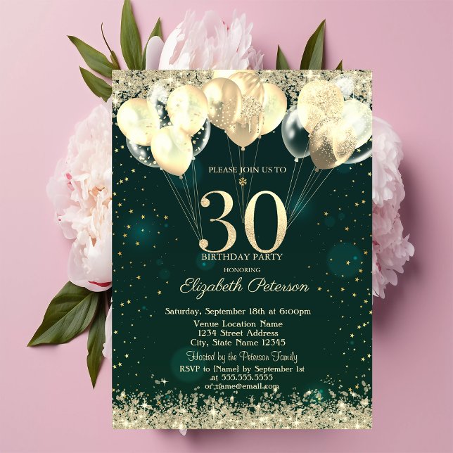 Invitación Purpurina de oro Confetti Globos Green 30 cumpleañ (Subido por el creador)