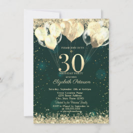 Invitación Purpurina de oro Confetti Globos Green 30 cumpleañ