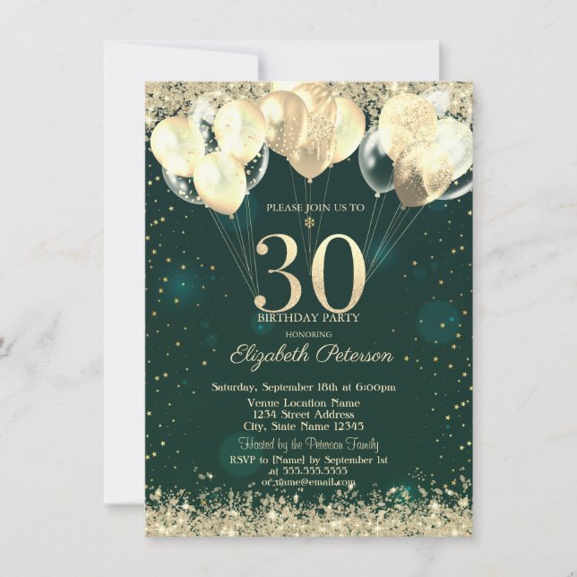 Invitación Purpurina de oro Confetti Globos Green 30 cumpleañ (Anverso)