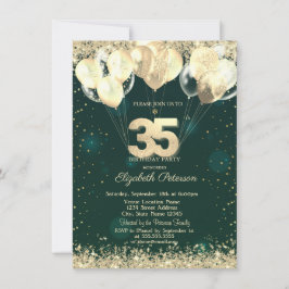 Invitación Purpurina de oro Confetti Globos Green 35 cumpleañ