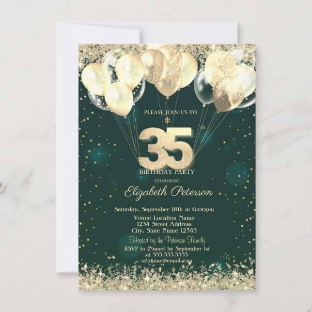 Invitación Purpurina de oro Confetti Globos Green 35 cumpleañ (Anverso)