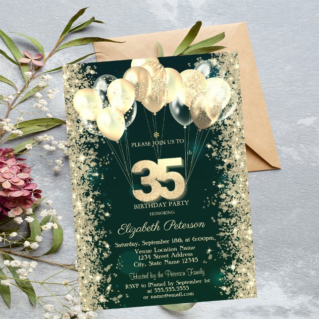 Invitación Purpurina de oro Confetti Globos Green 35 cumpleañ (Subido por el creador)