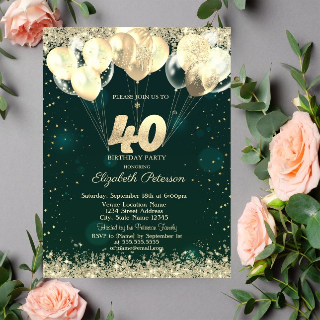 Invitación Purpurina de oro Confetti Globos Green 40 cumpleañ (Subido por el creador)