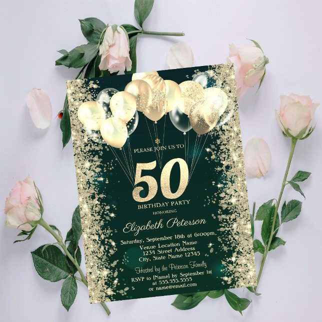 Invitación Purpurina de oro Confetti Globos Green 50 cumpleañ (Subido por el creador)