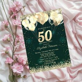Invitación Purpurina de oro Confetti Globos Green 50 cumpleañ
