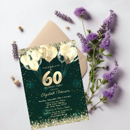 Invitación Purpurina de oro Confetti Globos Green 60 cumpleañ