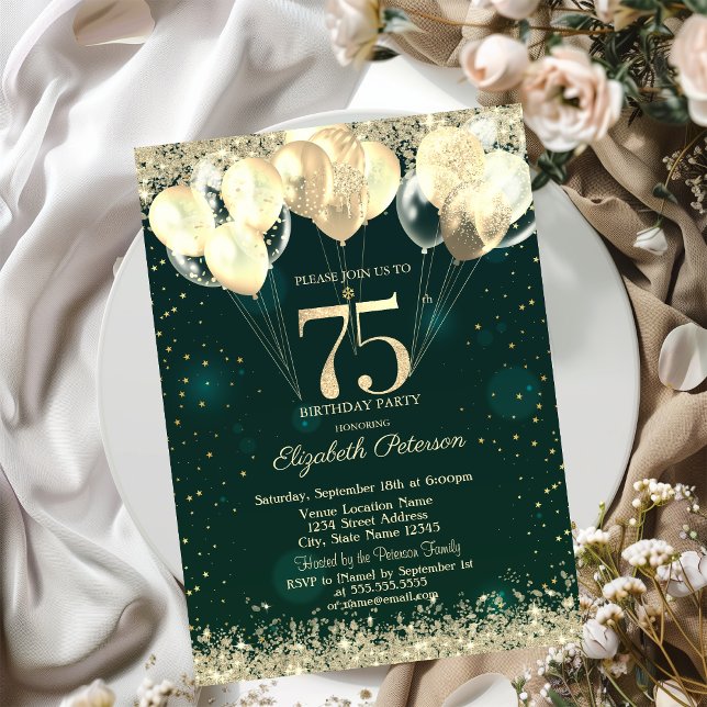 Invitación Purpurina de oro Confetti Globos Green 75 cumpleañ (Subido por el creador)
