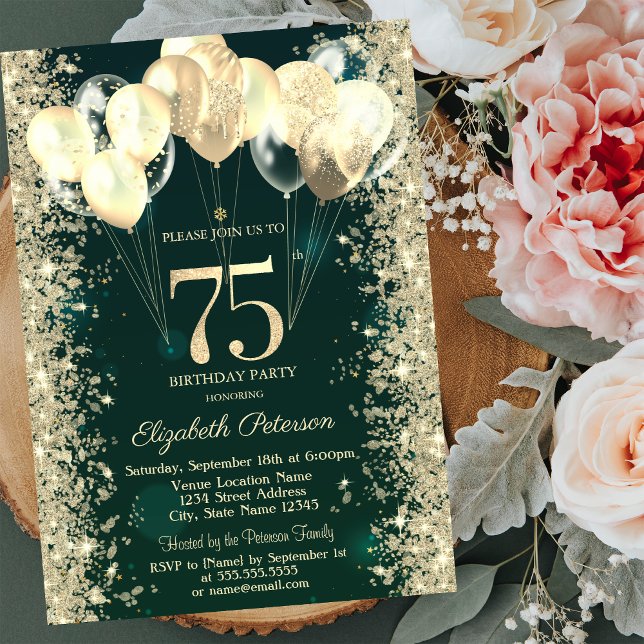 Invitación Purpurina de oro Confetti Globos Green 75 cumpleañ (Subido por el creador)