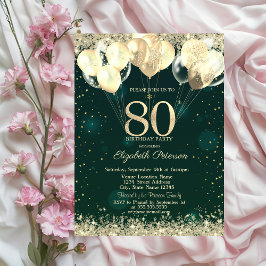 Invitación Purpurina de oro Confetti Globos Green 80 cumpleañ