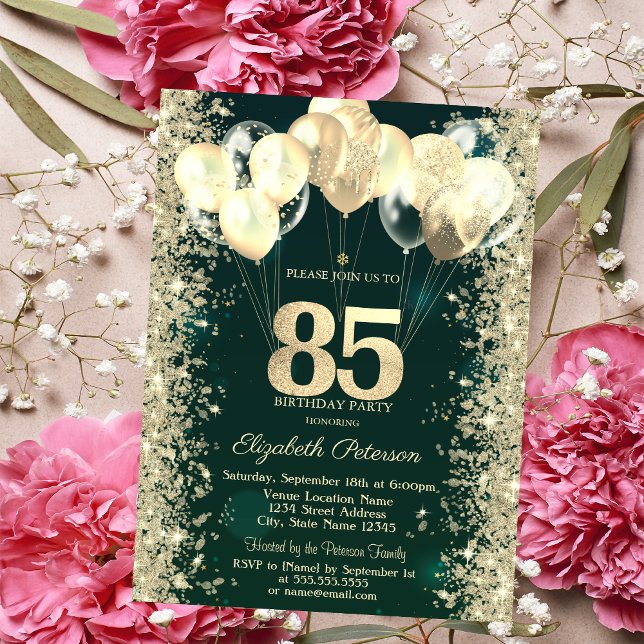 Invitación Purpurina de oro Confetti Globos Green 85th Birthd (Subido por el creador)