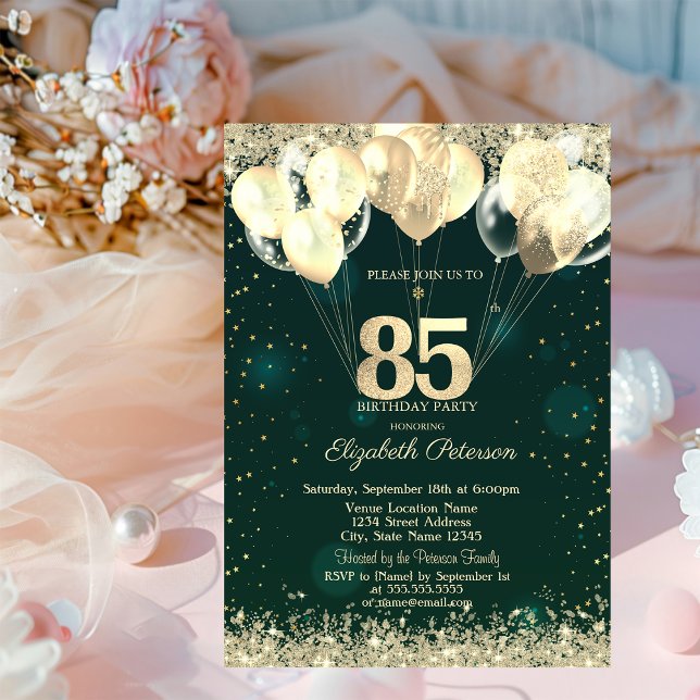 Invitación Purpurina de oro Confetti Globos Green 85th Birthd (Subido por el creador)