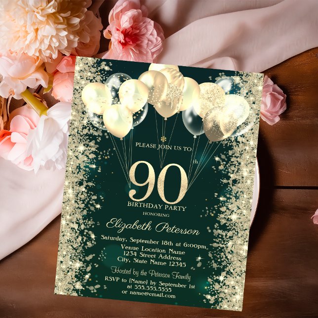 Invitación Purpurina de oro Confetti Globos Green 90 cumpleañ (Subido por el creador)