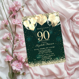 Invitación Purpurina de oro Confetti Globos Green 90 cumpleañ