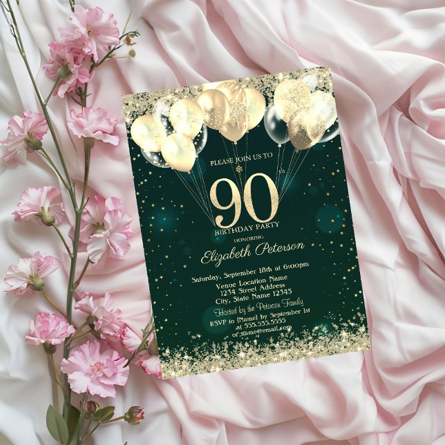 Invitación Purpurina de oro Confetti Globos Green 90 cumpleañ (Subido por el creador)