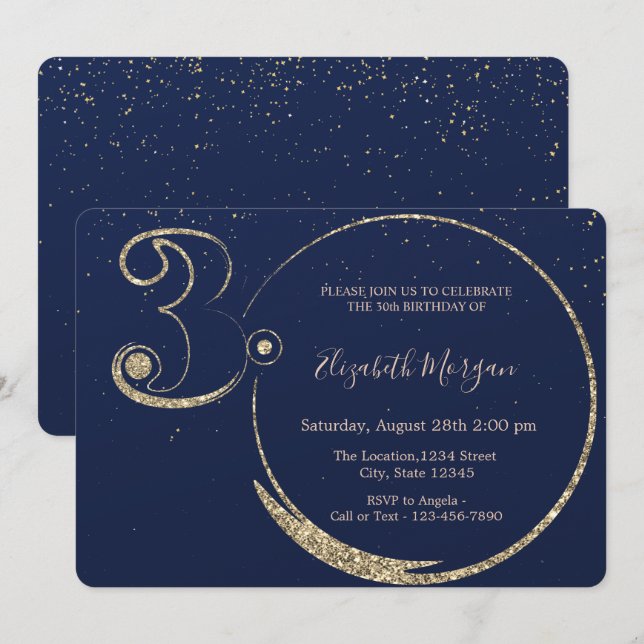 Invitación Purpurina de oro Confetti Marina Azul 30 cumpleaño (Anverso / Reverso)