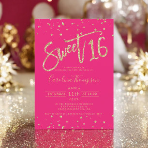 Invitación Purpurina de oro confetti neon rosado Sweet 16 fot