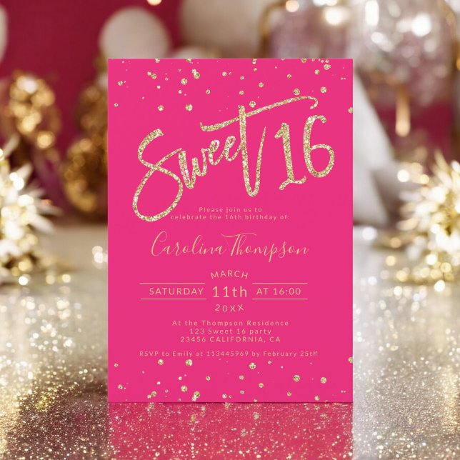 Invitación Purpurina de oro confetti neon rosado Sweet 16 fot (Gold glitter confetti neon pink Sweet 16 photo Invitation)