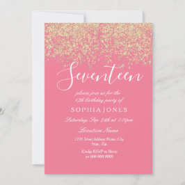 Invitación Purpurina de oro Confetti Pink 17 cumpleaños fiest
